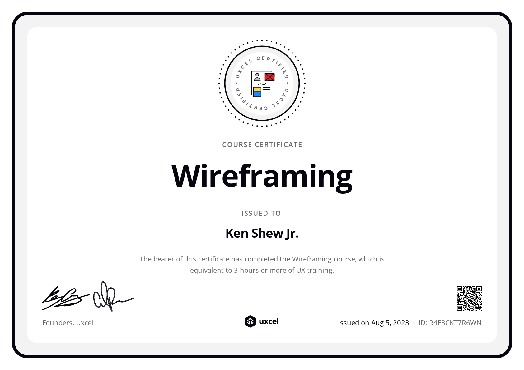 Ken Shew Jr.'s certificate